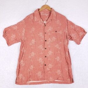 Caribbean Camp Shirt Mens L Silk Rayon Salmon Orange Tropical Palm Tree Aloha